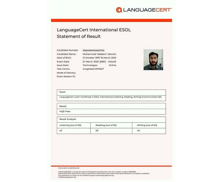 language cert result muhammad nadeem memon