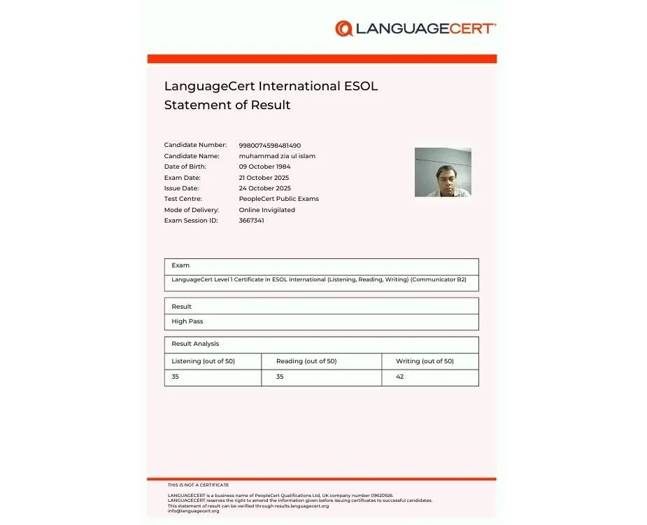 language cert result muhammad zia ul islam
