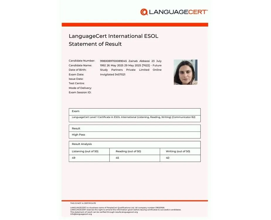 language cert international esol statement result zainab abbasi