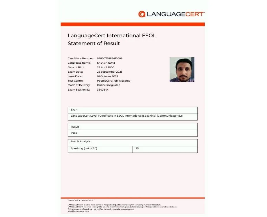language cert result Husnain tufail