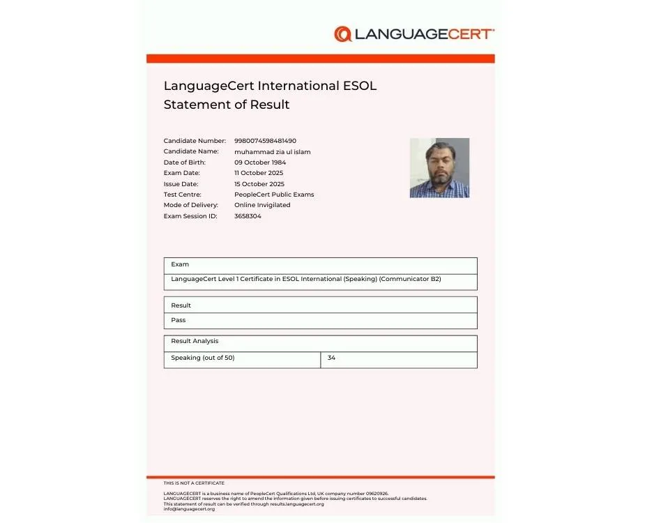 language cert result zia ul islam