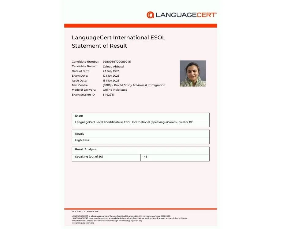 language cert result zainab abbasi