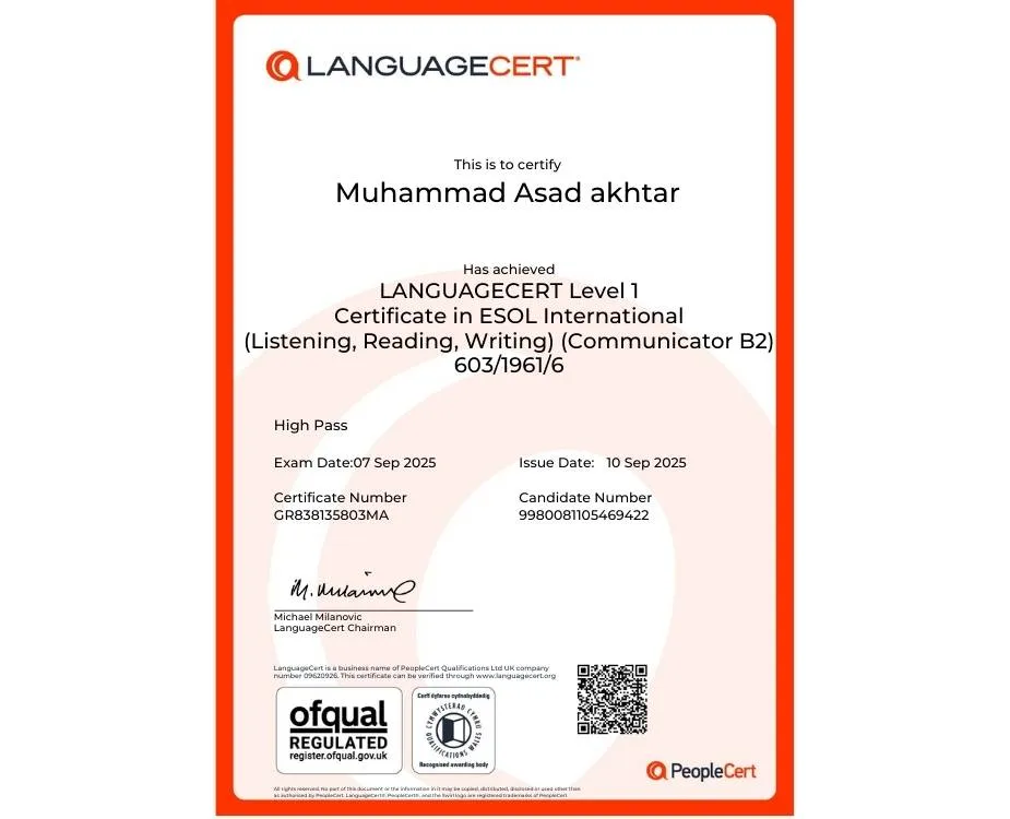 language cert level 1 result muhammad akhtar