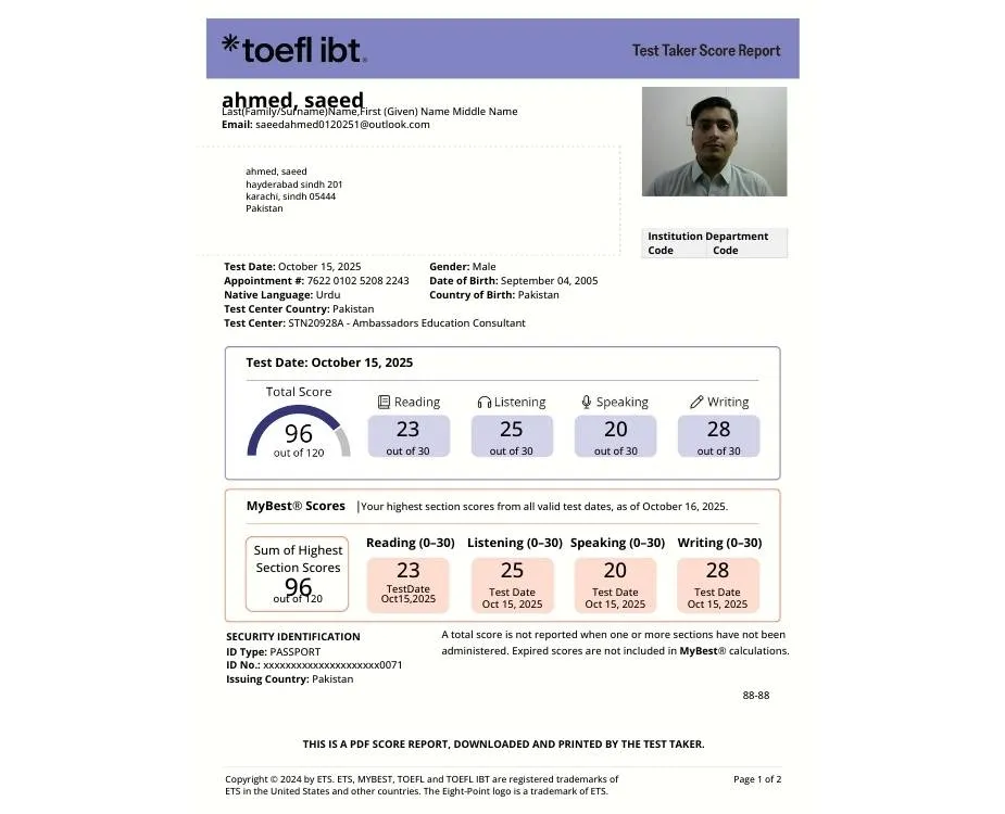 toefl result ahmad saeed