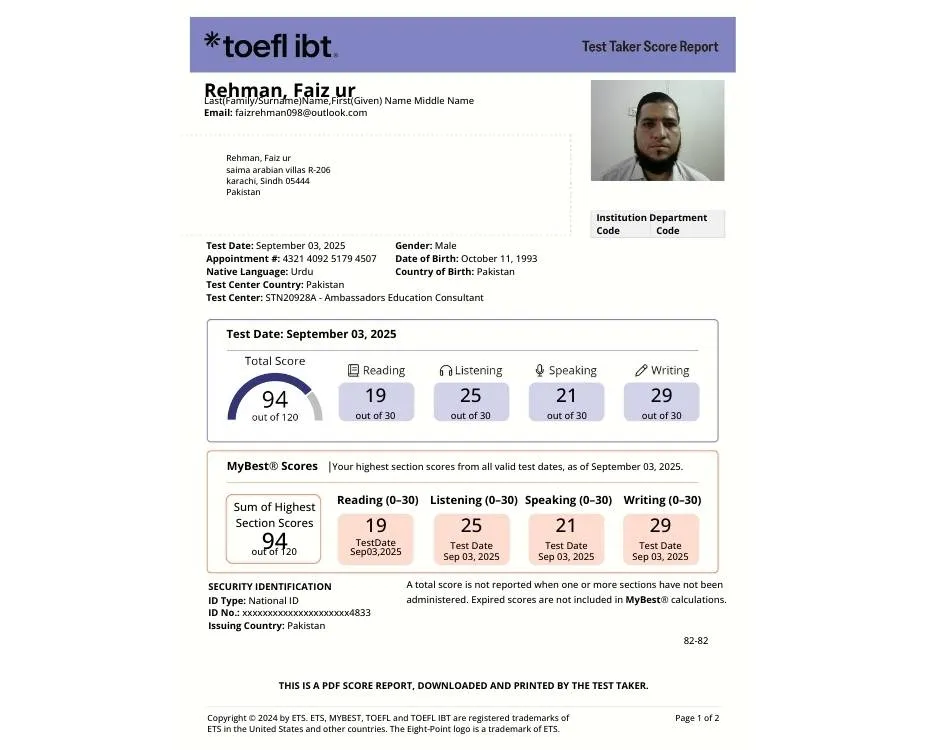 toefl result rehman faiz