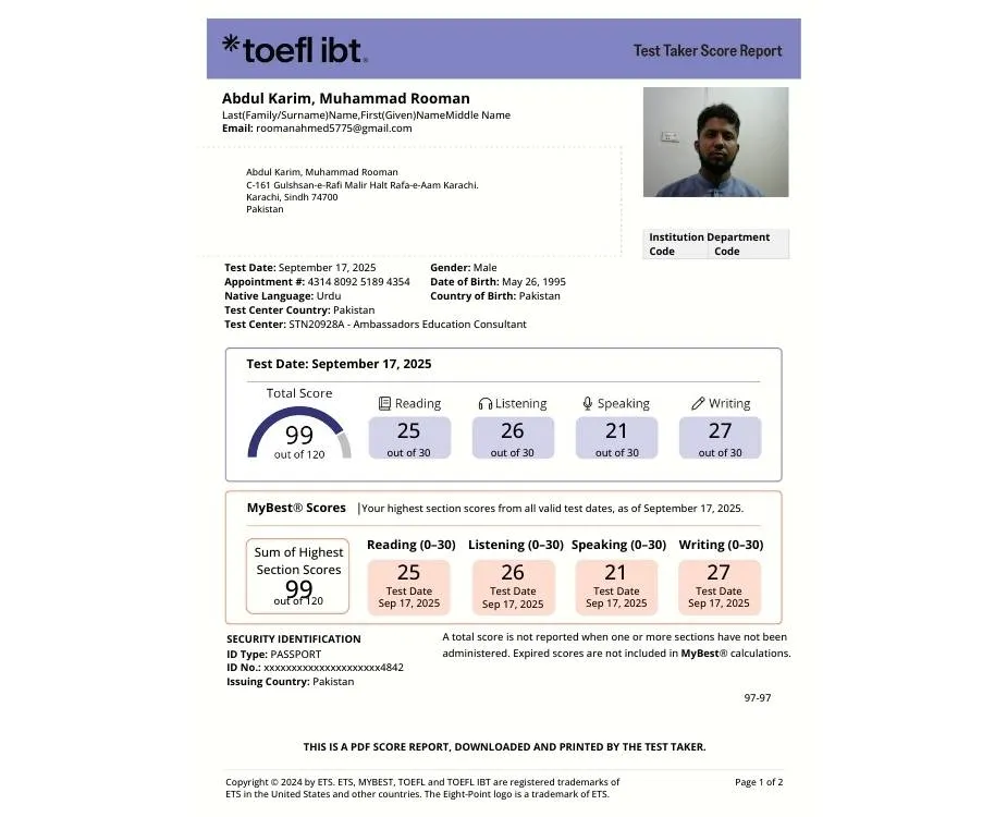 toefl result abdul karim