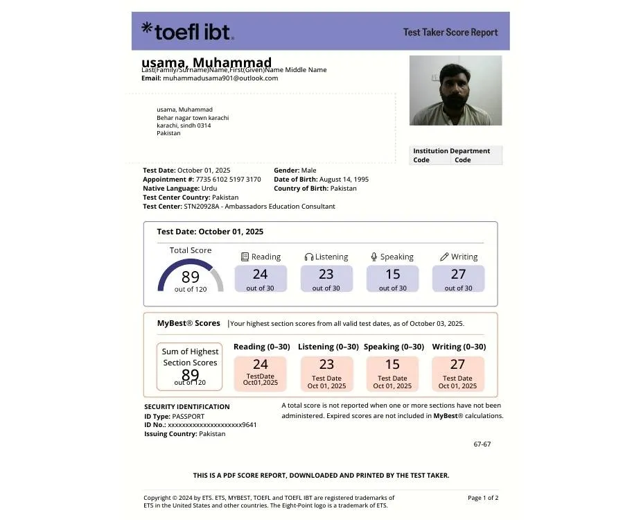 toefl result usama muhammad