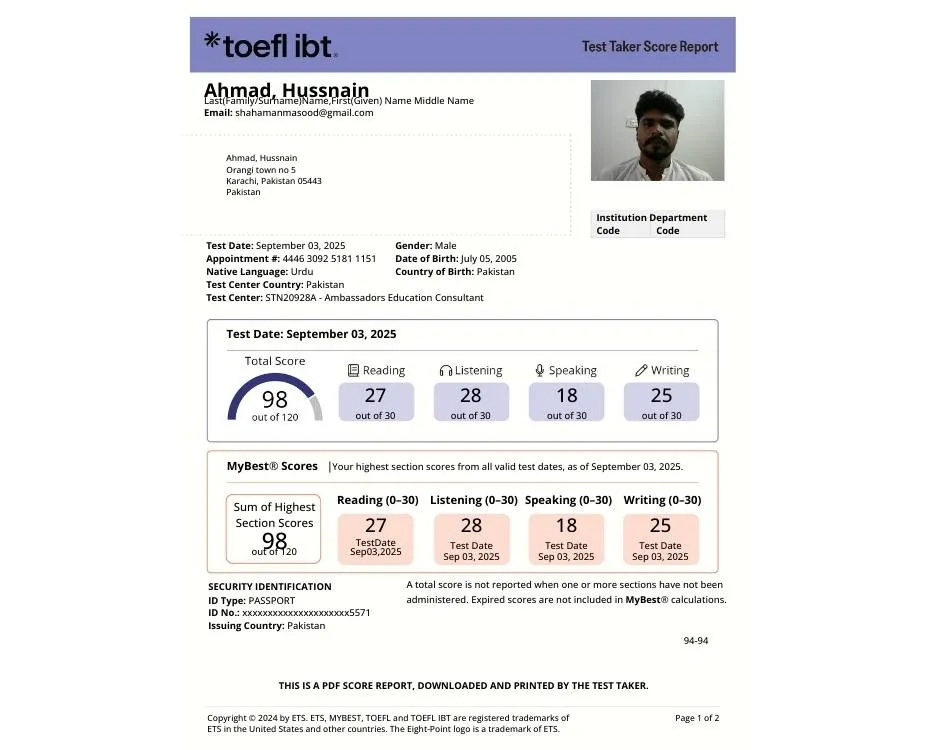 toefl test result sample for study abroad