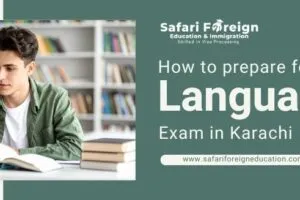 A student preparing for a LanguageCert exam in Karachi with study materials