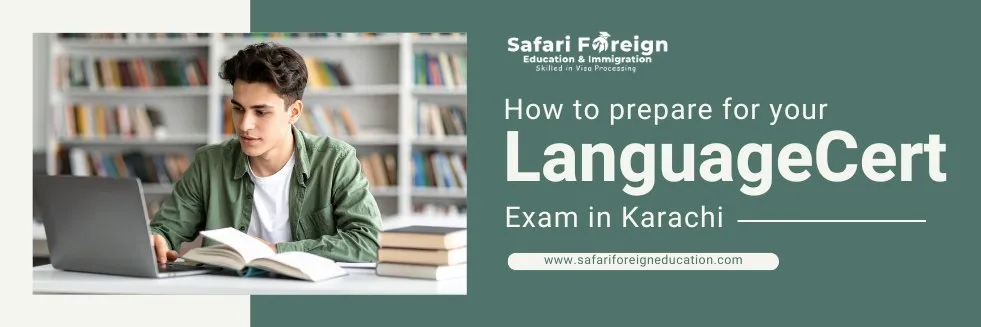 A student preparing for a LanguageCert exam in Karachi with study materials